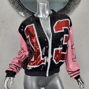 STUNNING~S/M~PINK BLACK RED SEQUIN BOMBER JACKET COAT CROPPED DOLMEN VARSITY